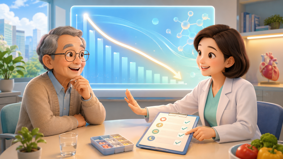 醫療人員向長輩說明研究結果與個人化治療的情境插畫